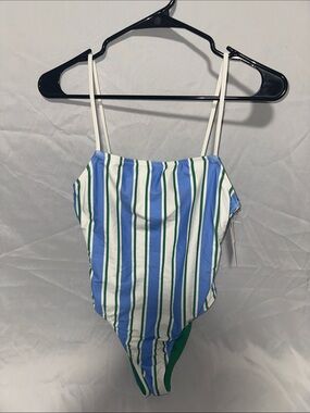 SOLID & STRIPED Blue, White & Green Striped One-Piece Swimsuit